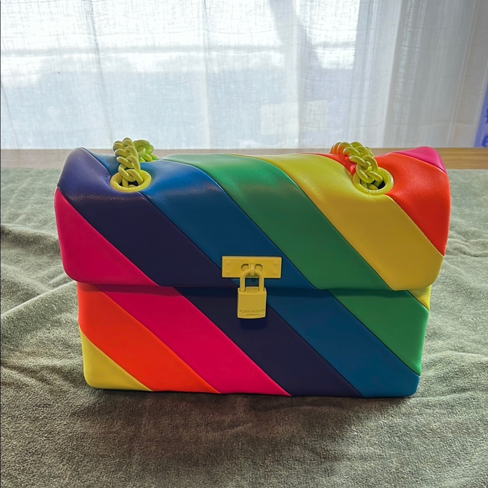 🌈Kurt Geiger Leather Rainbow-striped Shoulder Bag with Chain Strap,NWT